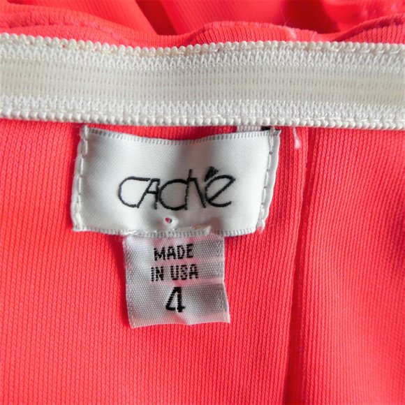 Cache Cocktail Dress Rhinestone Brooch Neon Red Ruched Padded Bra Zip Back USA 4 - Picture 11 of 15